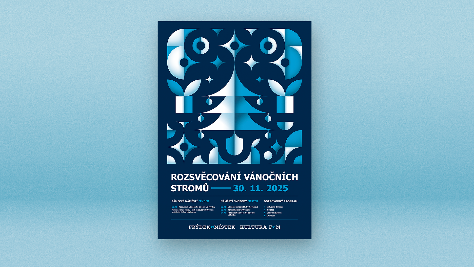 Kultura FM Plakát – Rozsvěcování vánočních stromů Frýdek-Místek, varianta A, geometrická koláž inspirovaná Bauhausem