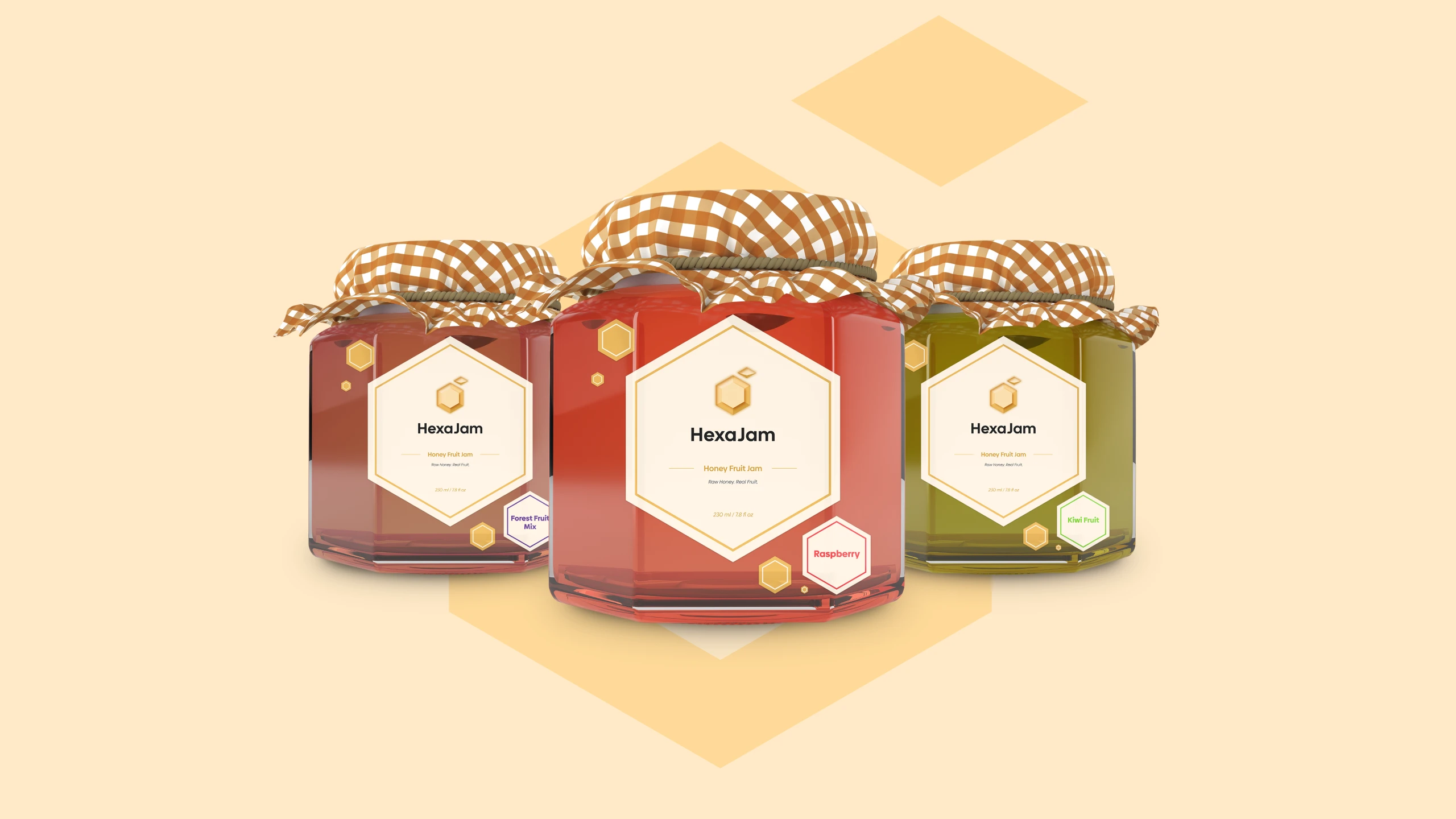 Produktový mockup medového džemu HexaJam s ovocnou příchutí