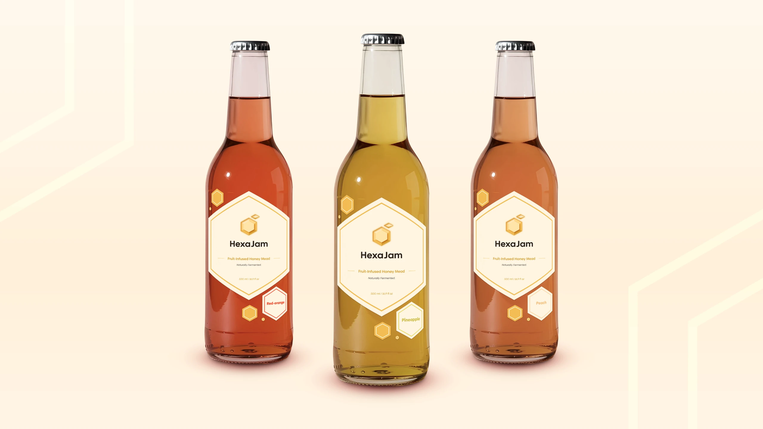 Produktový mockup ovocné medoviny HexaJam – design obalu