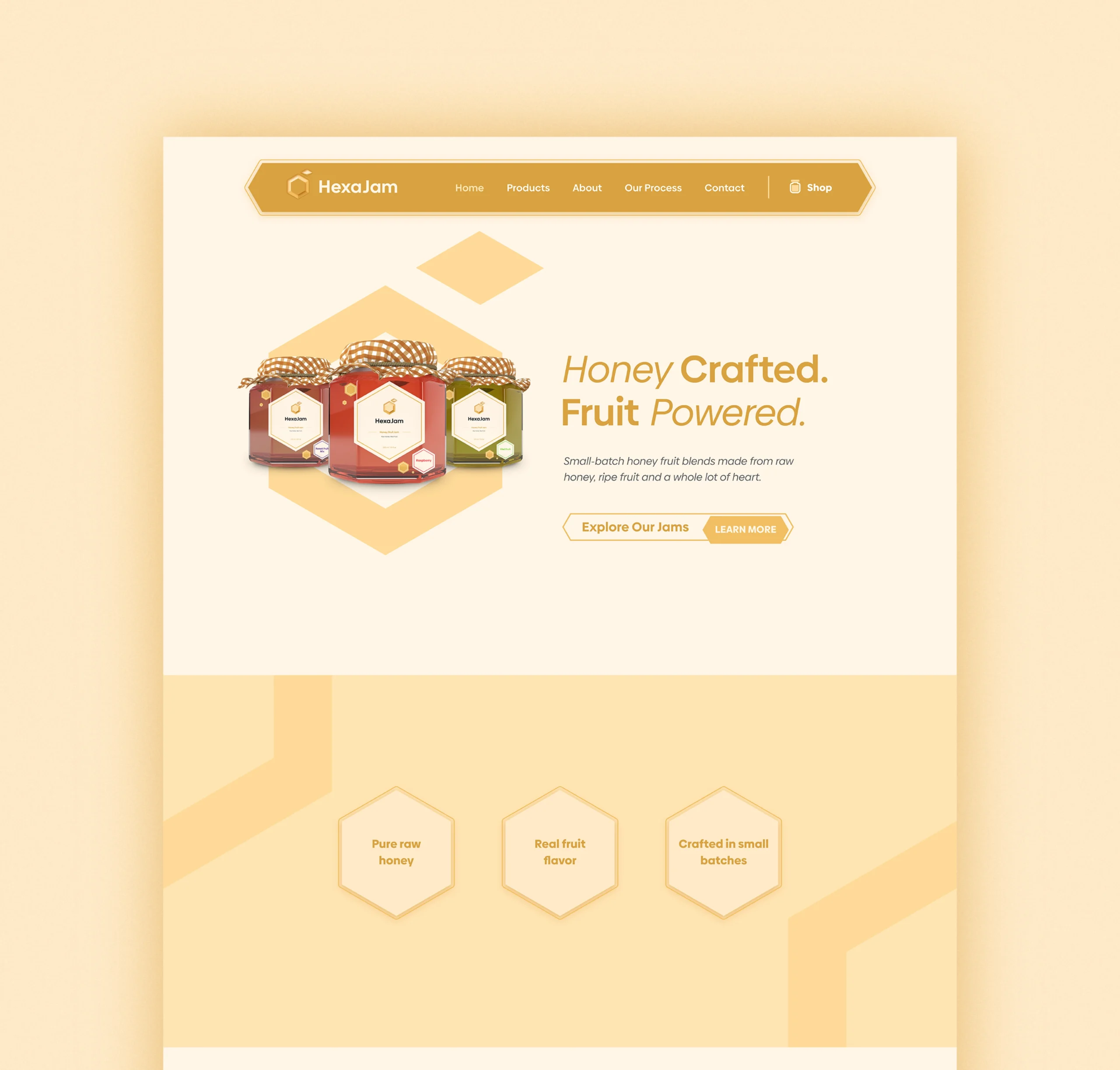 Webdesign značky HexaJam – landing page pro medové produkty – hero sekce a USP.