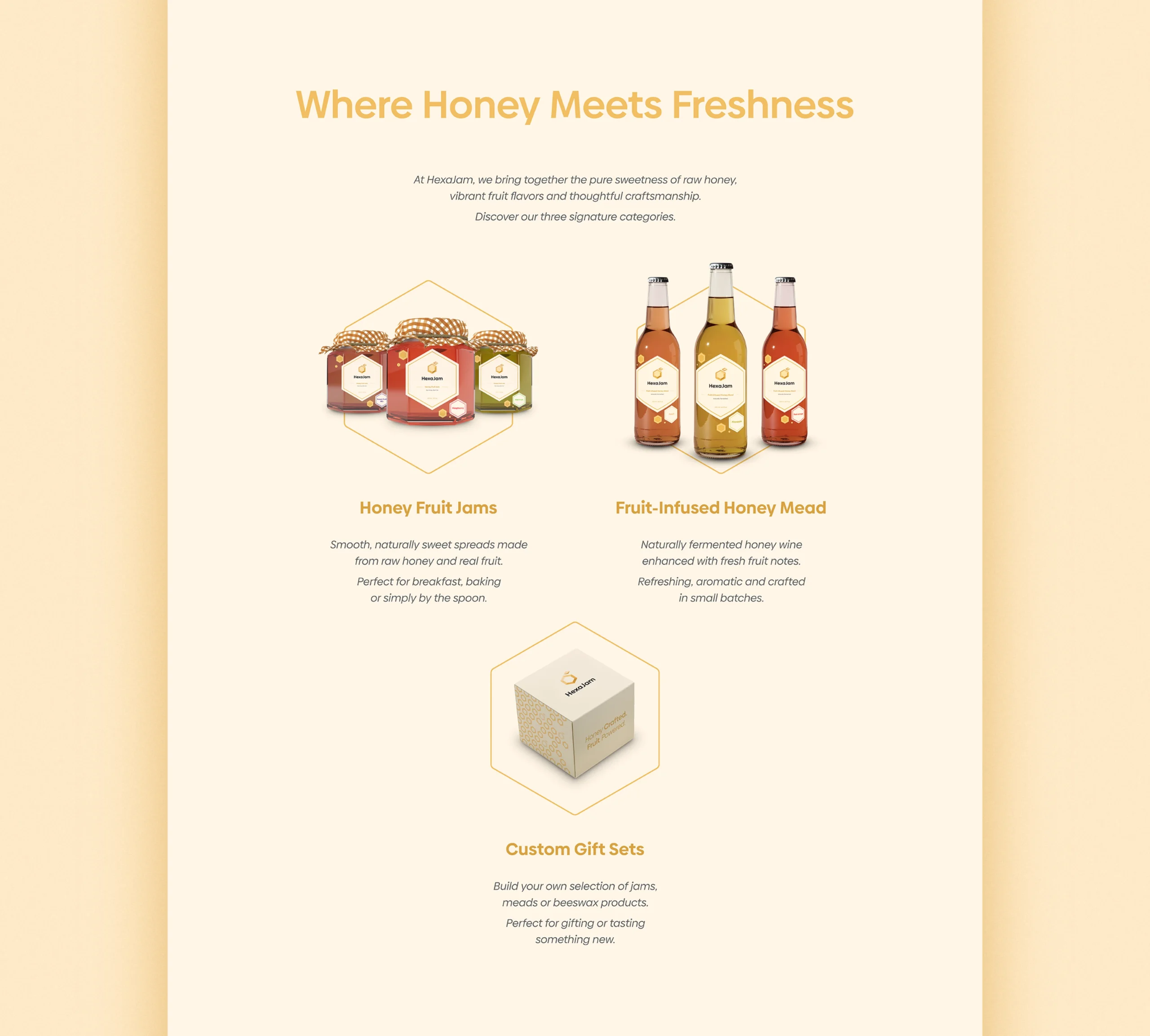 Webdesign značky HexaJam – landing page pro medové produkty – product highlight sekce.
