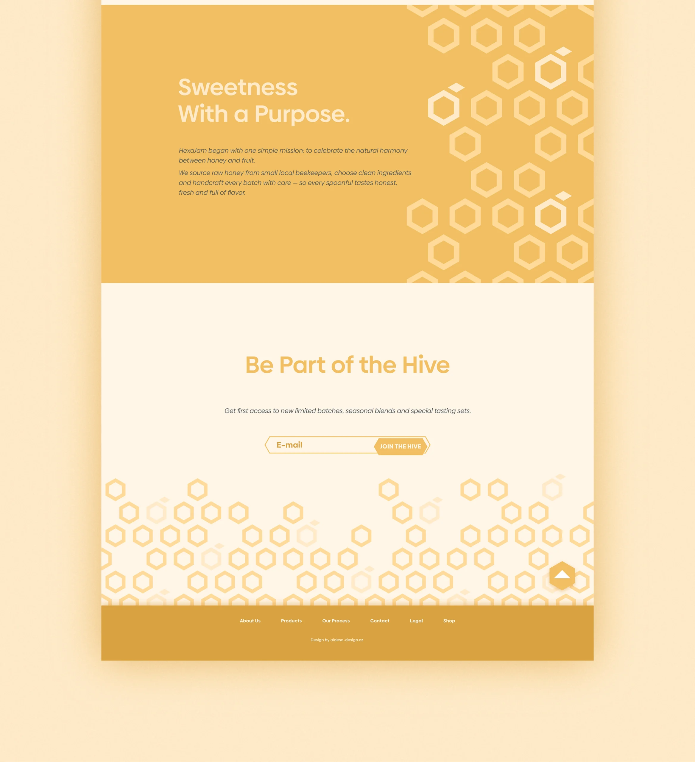 Webdesign značky HexaJam – landing page pro medové produkty – about a newsletter sekce.