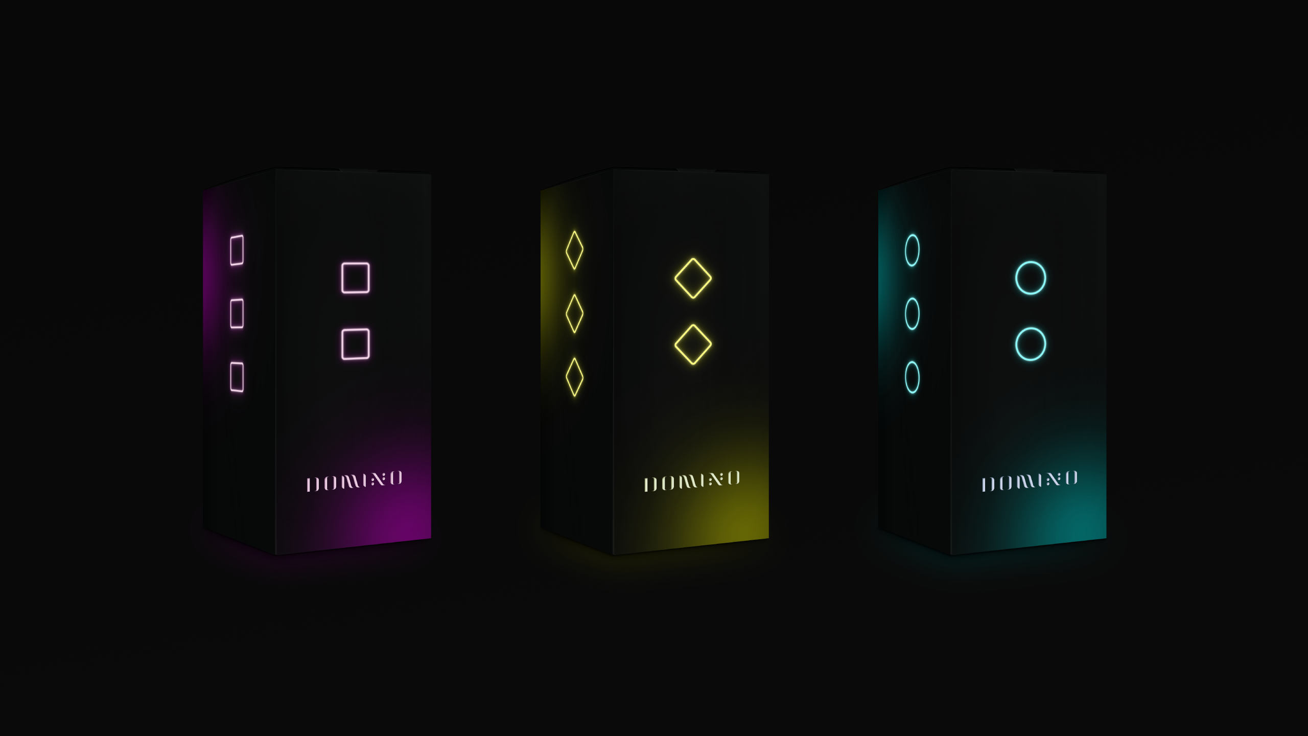 Packaging design parfému DOMINO – černá krabička s neonovým akcentem