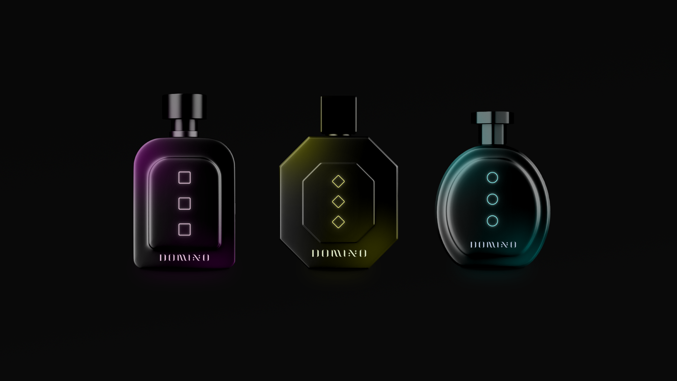 Design parfému DOMINO – tmavý luxusní flakon s minimalistickým logem