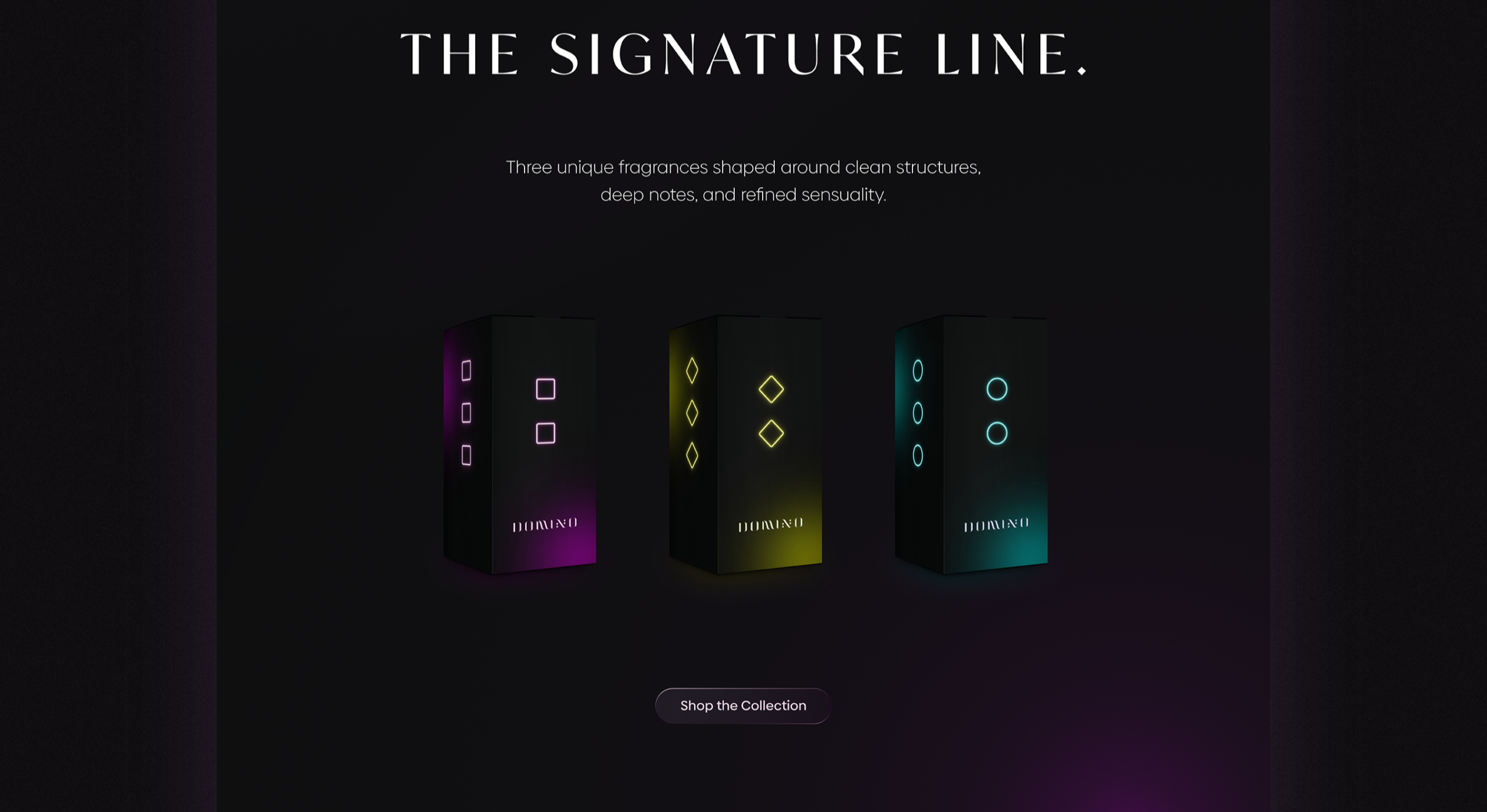 Detail webdesignu DOMINO – tmavé rozhraní s neonovými prvky a typografií – sekce signature line.