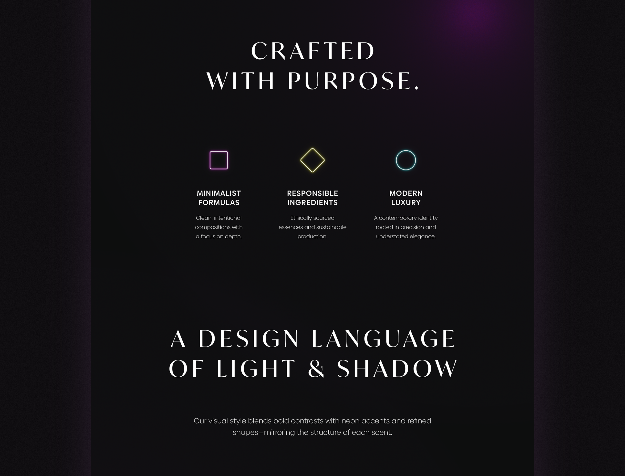 Detail webdesignu DOMINO – tmavé rozhraní s neonovými prvky a typografií – sekce s USP.