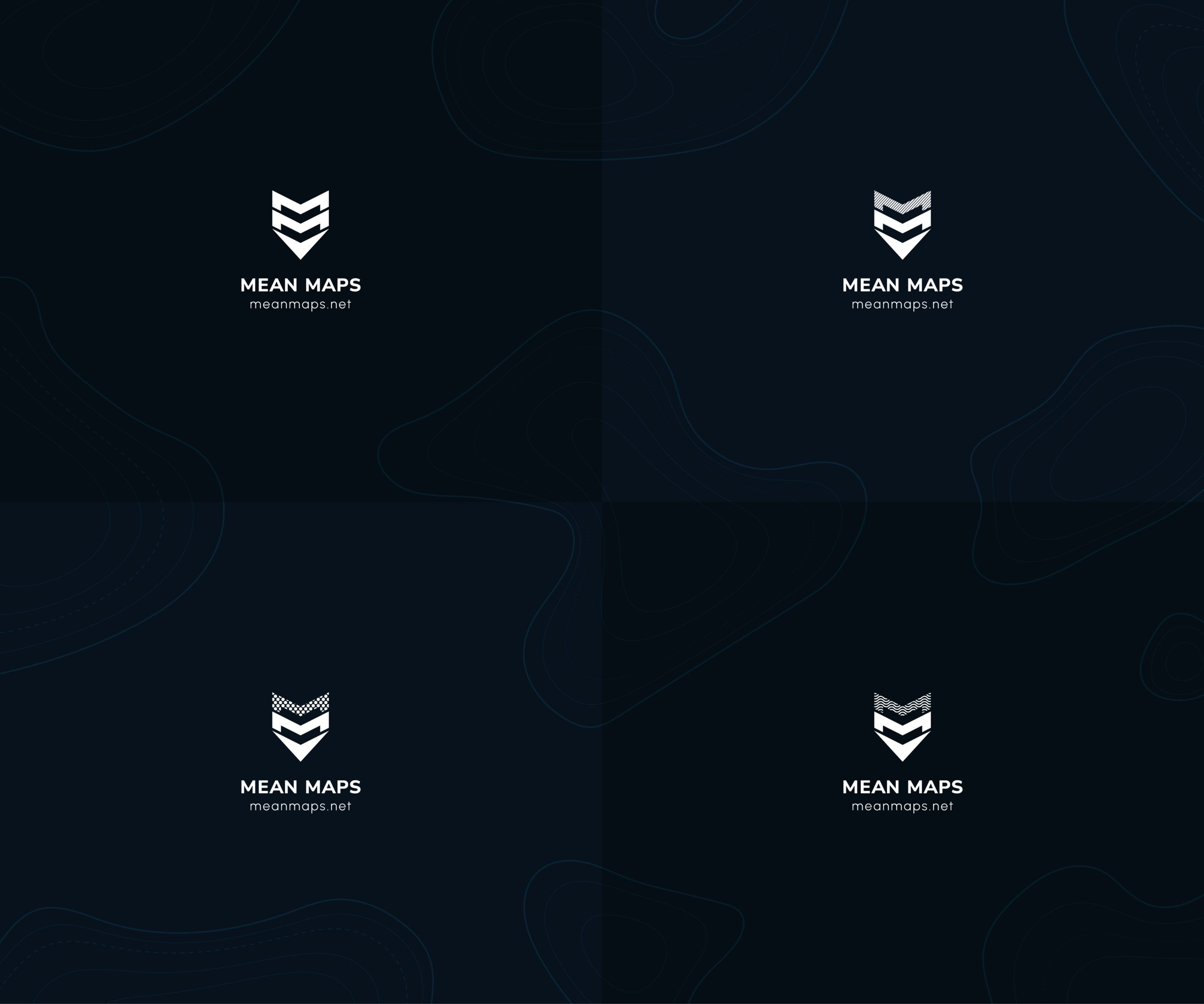 Sada variant loga Mean Maps v různých barevných a kompozičních provedeních