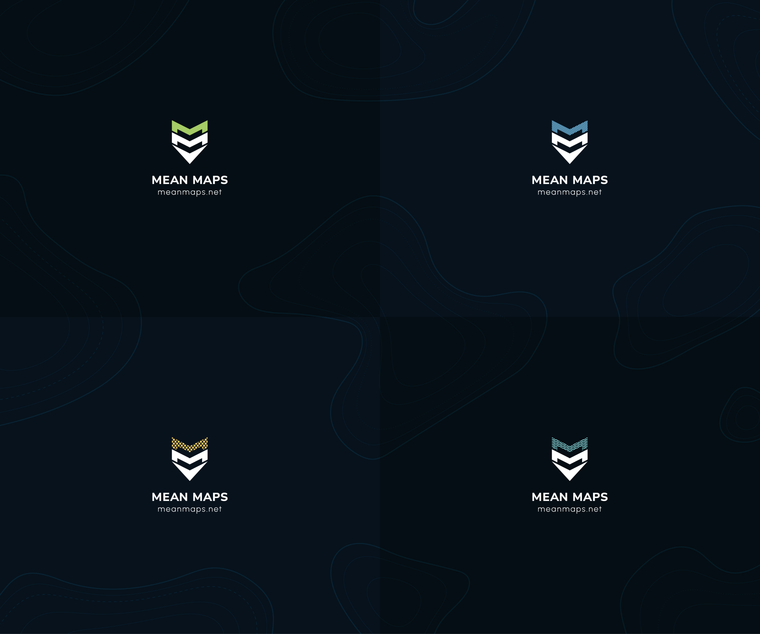 Sada variant loga Mean Maps v různých barevných a kompozičních provedeních