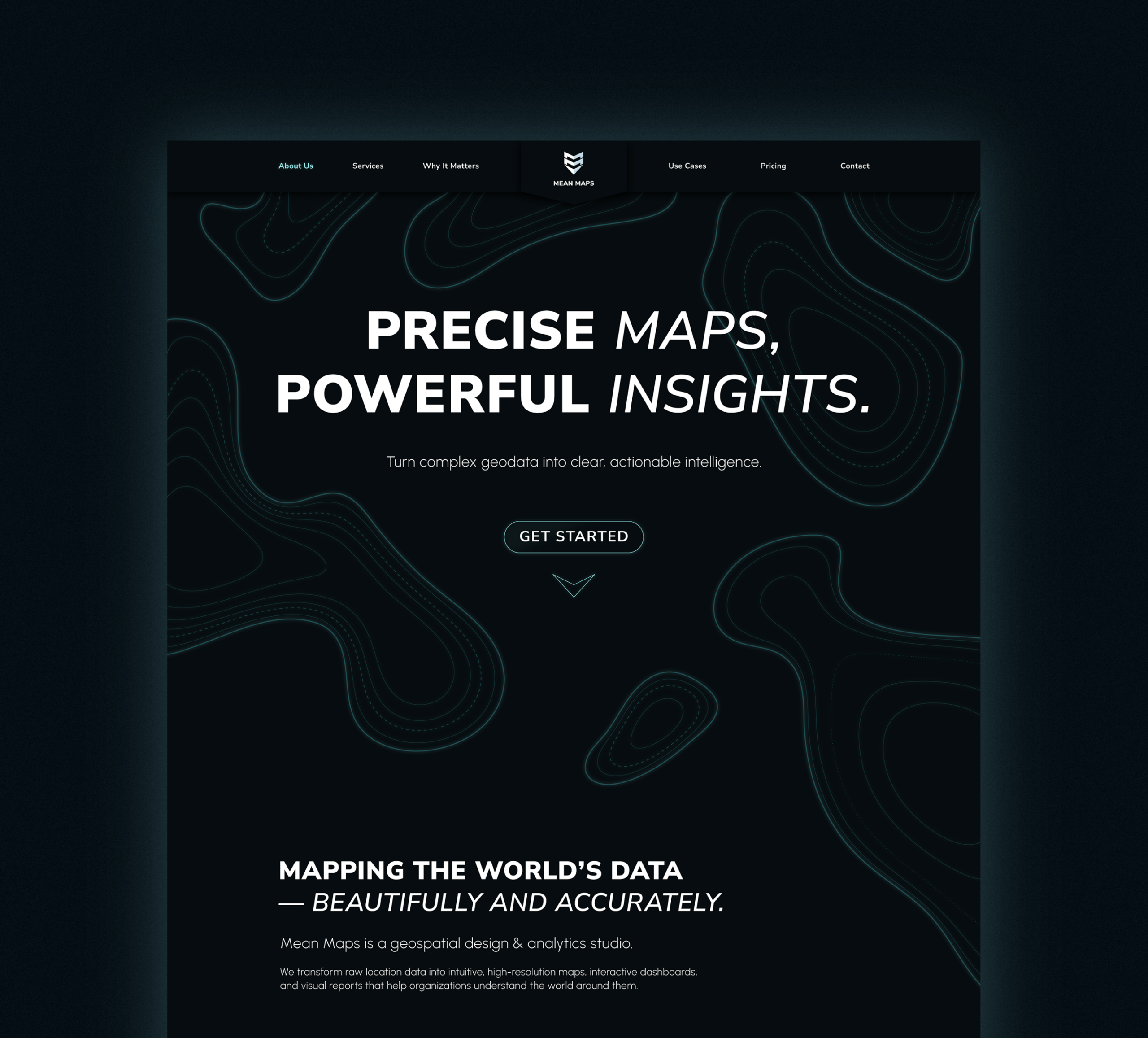 Návrh webdesignu Mean Maps – úvodní hero sekce s topografickými liniemi a kontrastní typografií.