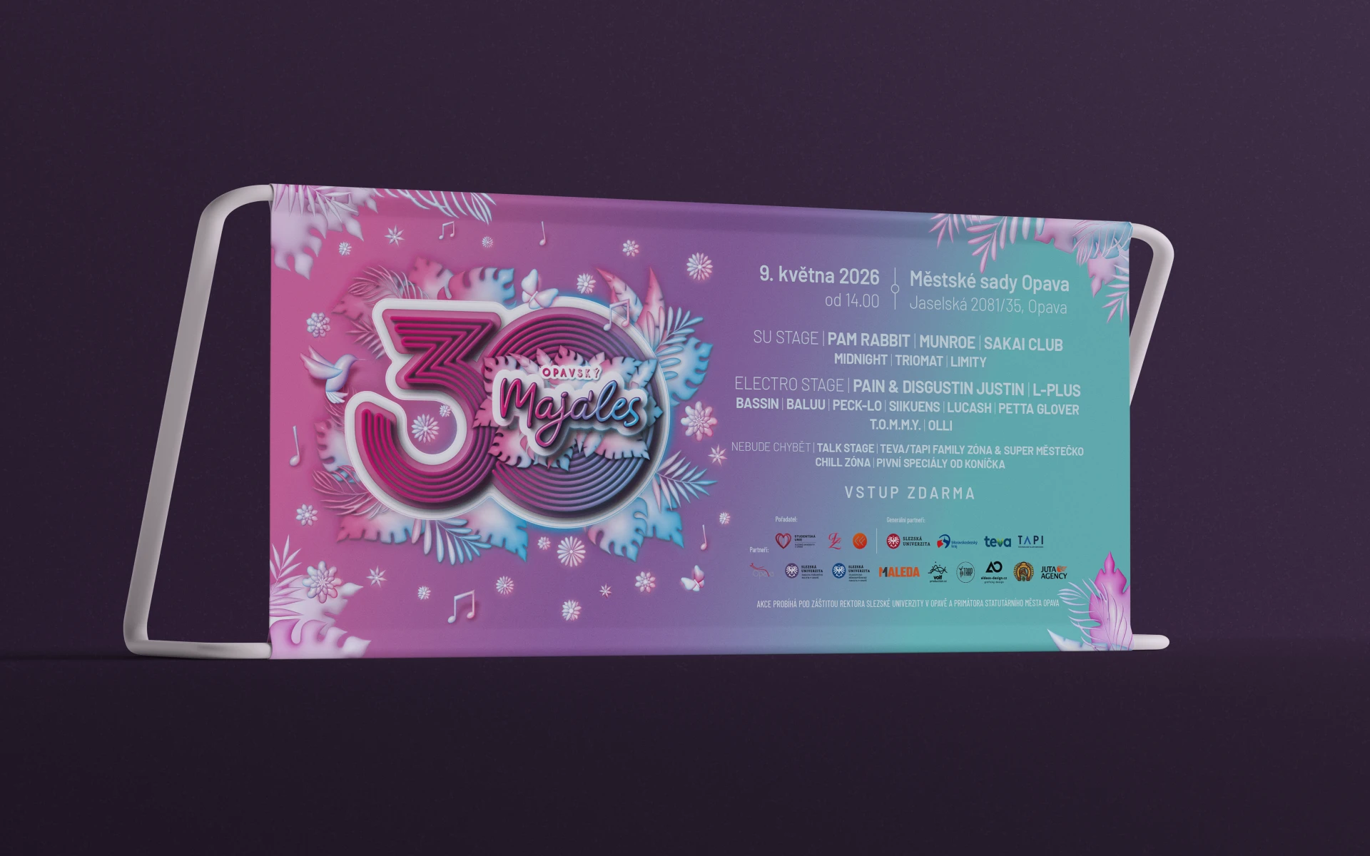 Opavský Majáles 2026 – grafika reklamního banneru Jeden z reklamních bannerů určených pro propagaci festivalu Opavský Majáles 2026, drží konzistenci s vizuálním stylem celého festivalu