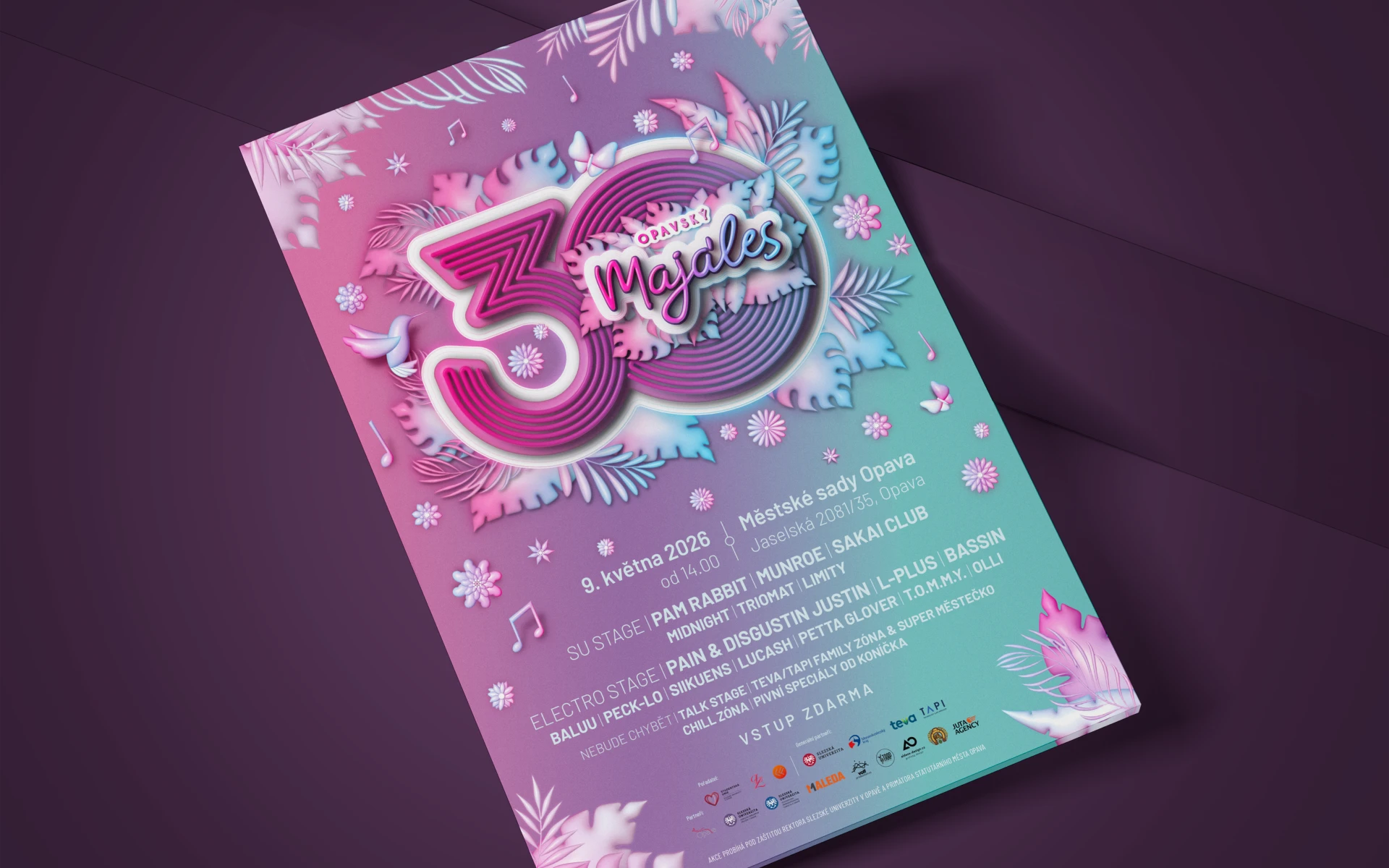 Opavský Majáles 2026 – plakát festivalu Plakát festivalu Opavský Majáles 2026 s výrazným vizuálním prvkem 30 let a grafickými symboly jara a hudby, s živou barevností